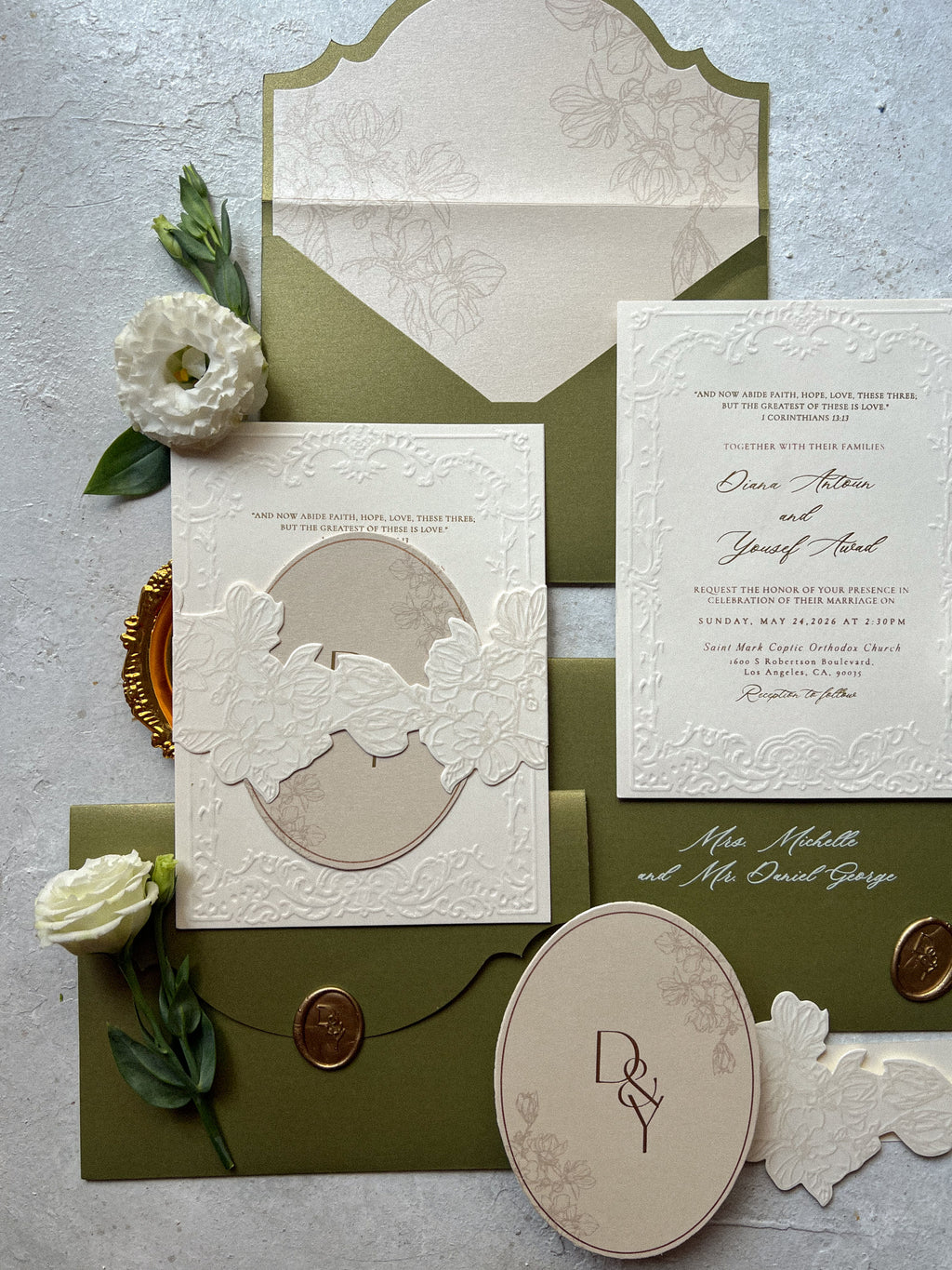 Regency era olive green wedding suite