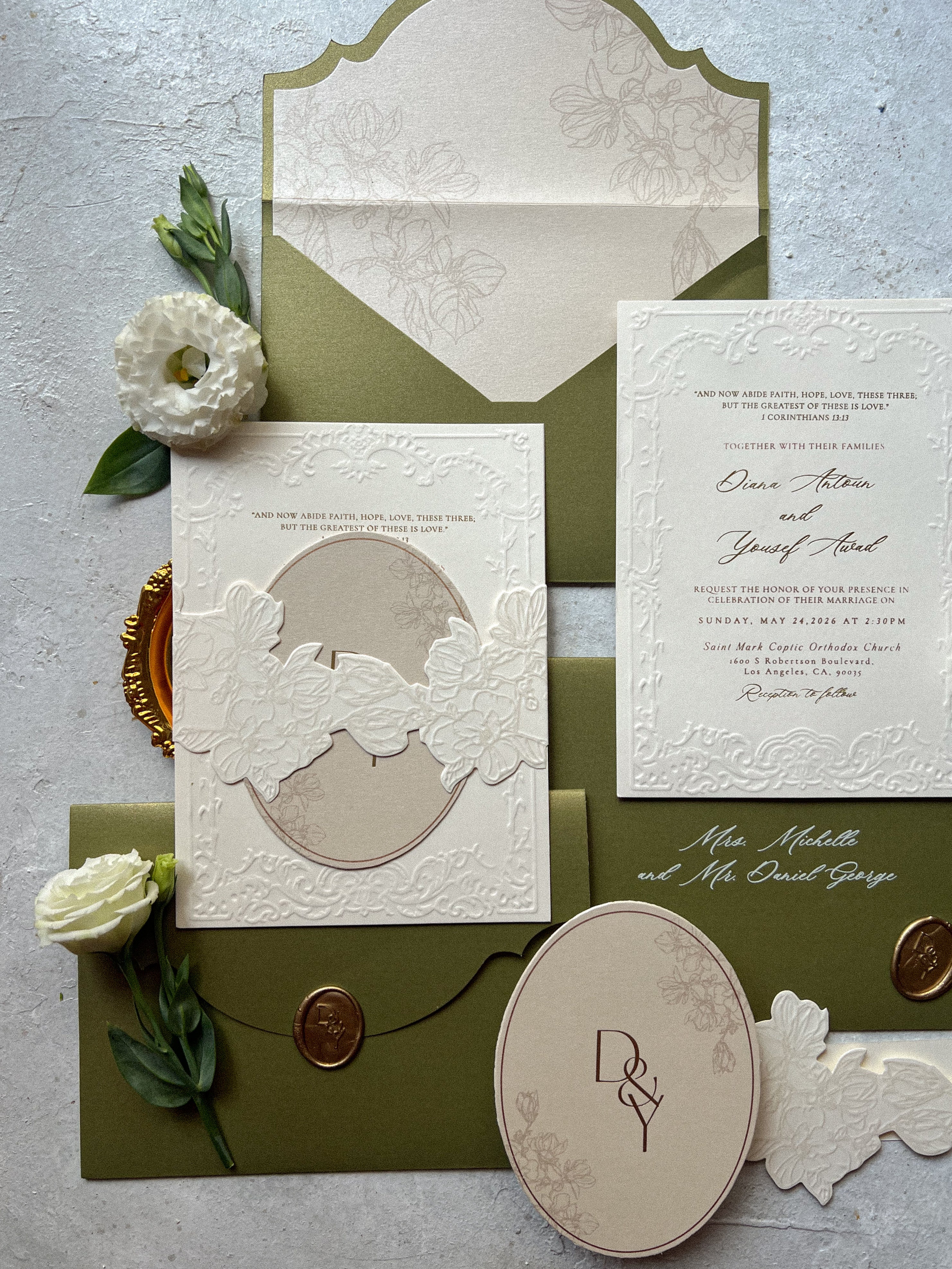 Regency era olive green wedding suite
