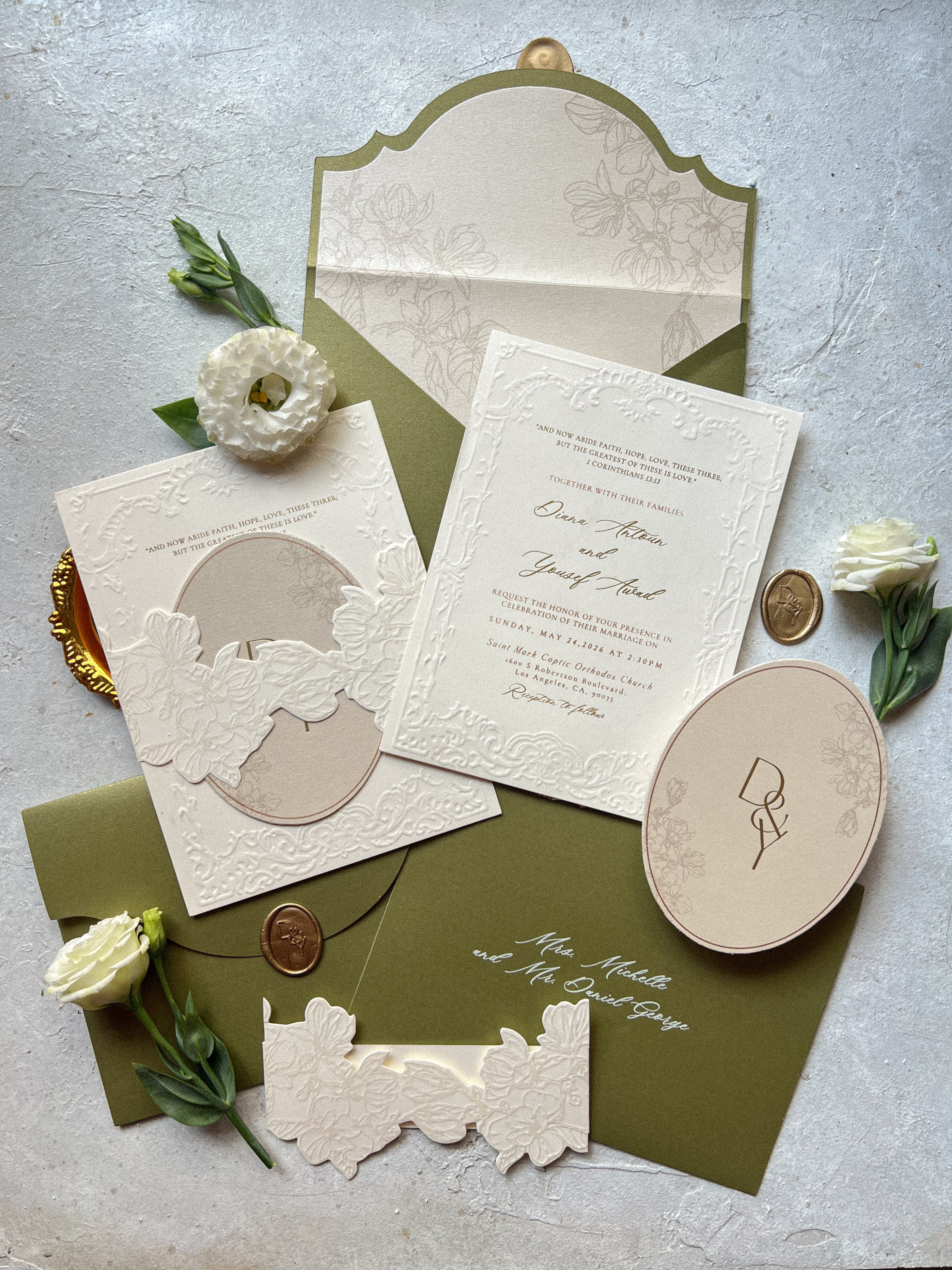 Regency era olive green wedding suite