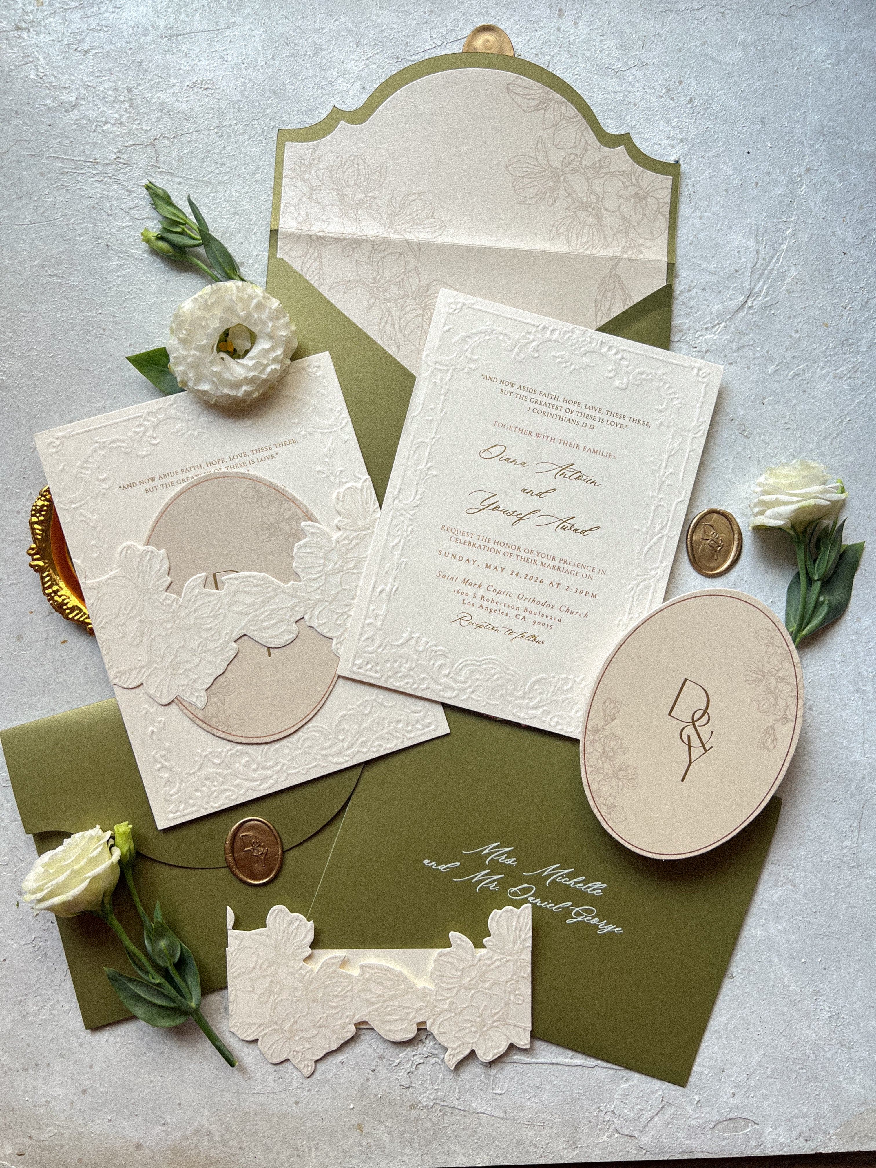 Regency era olive green wedding suite