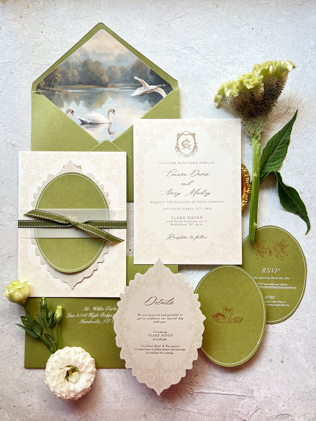 Moss green spring wedding invites