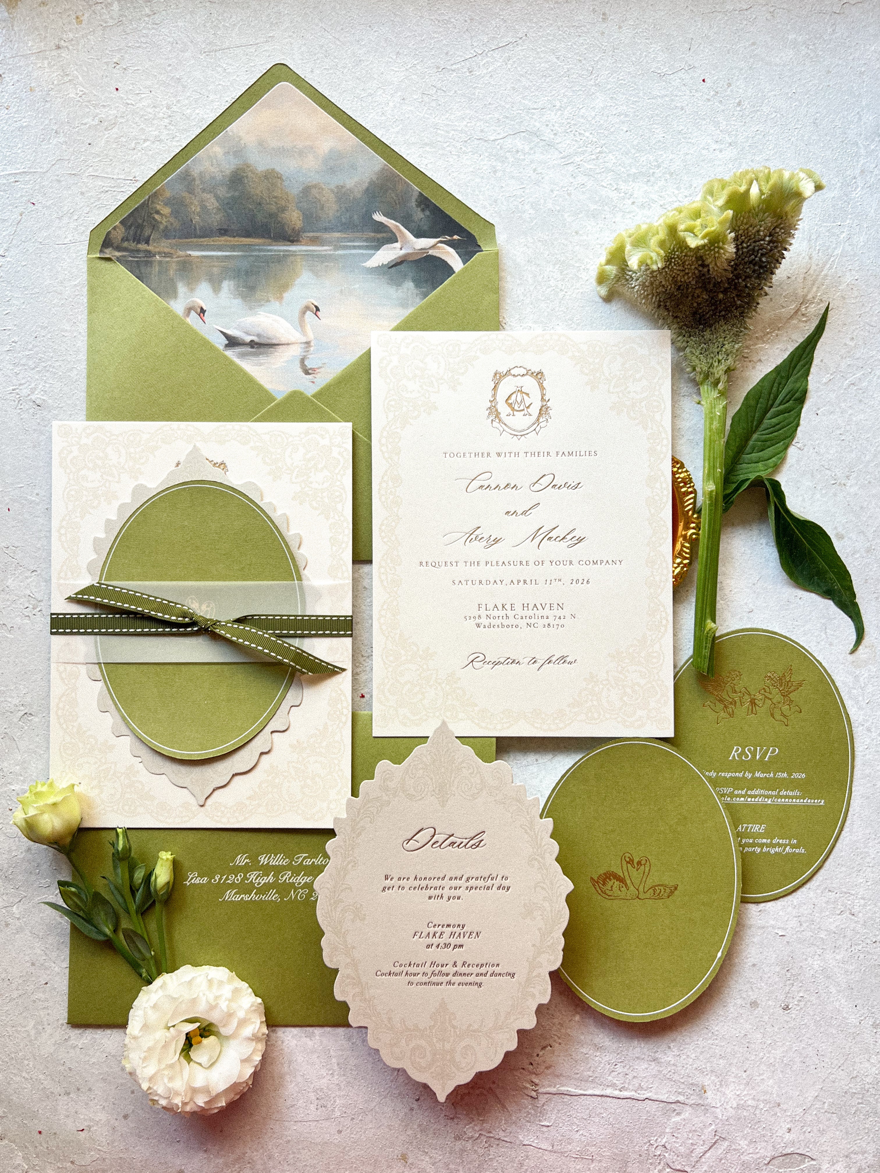 Moss green spring wedding invites
