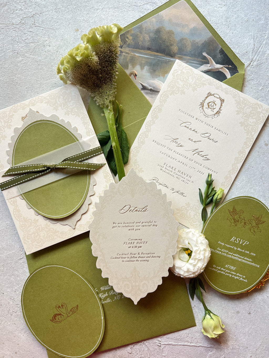 Moss green spring wedding invites