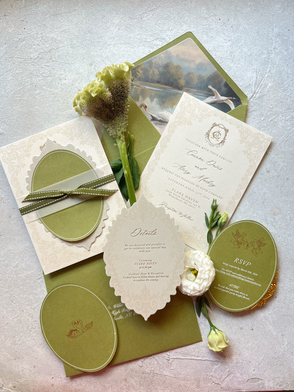 Moss green spring wedding invites